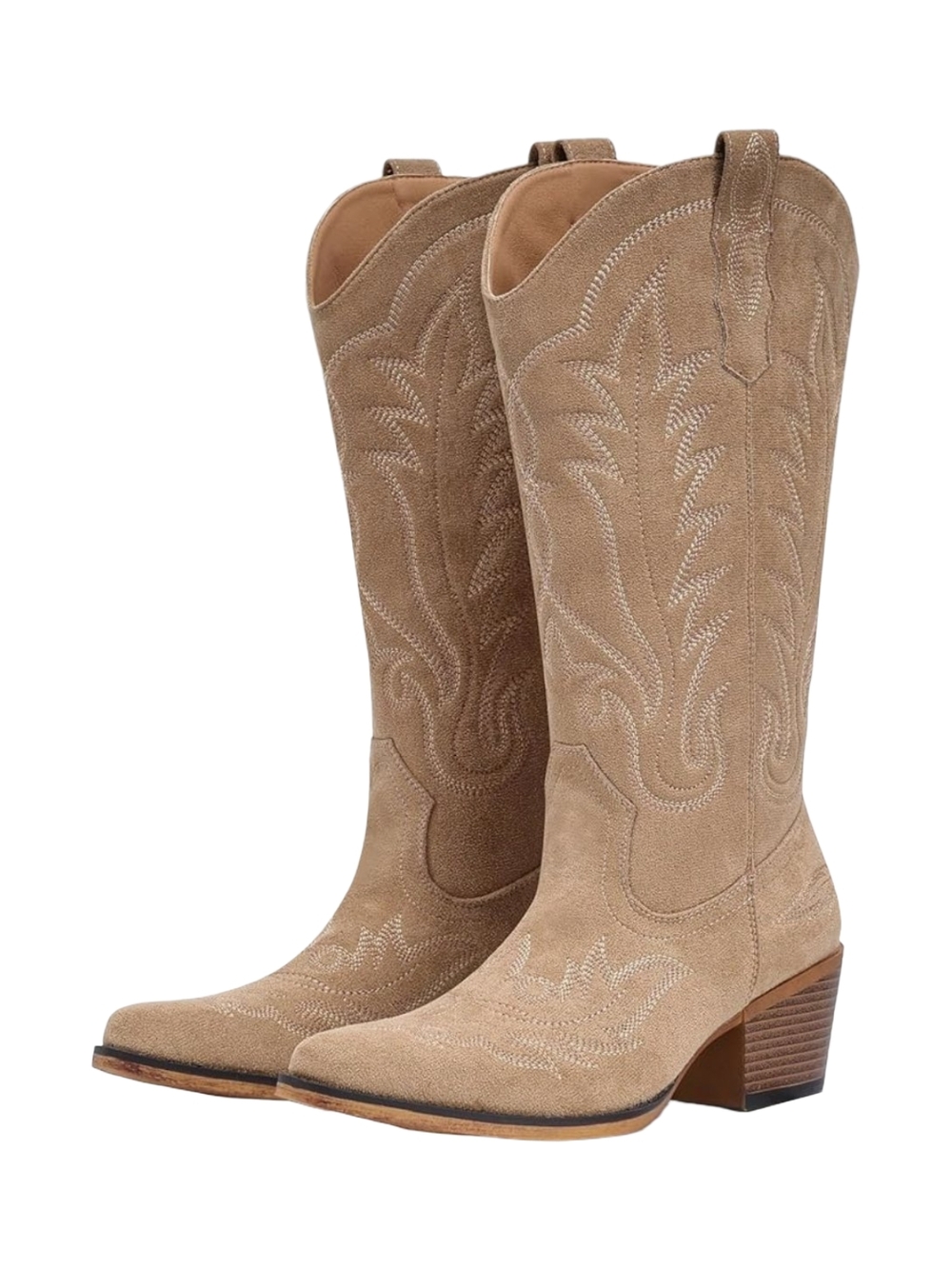 Suede Knee-High Western Boots in Beige